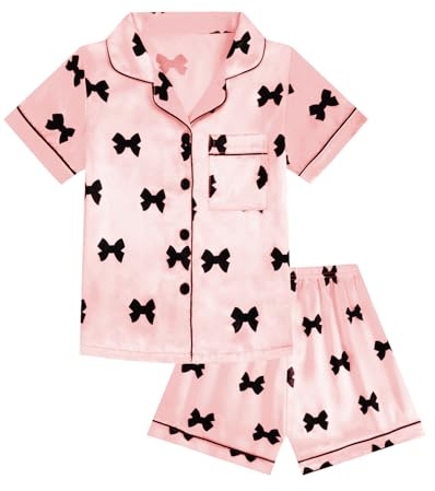 JiAmy pyjamas flickor kortärmad pyjamas set sommar barn satin pyjamas 2 stycken button down tonåring nattkläder rosett tryck nattkläder ålder 8–12