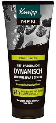 Kneipp MEN 3 in 1 doccia dinamica, con estratti di fava tonka e chia biologica, gel doccia per pelle, capelli e viso, migliora la sensazione sulla pelle, 200 ml