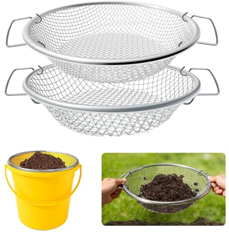 2PCS Soil Sifter for Gardening, 3mm + 6mm Mesh Compost Sifter with Detachable Handle for 5 Gallon Buckets Garden Sieve Sifters for Dirt Rocks Pellet Gravel Sand