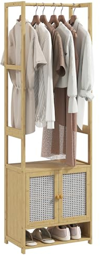 HOMCOM Perchero con Armario Burro con Zapatero 53x31x168 cm Natural | Bambú, Perchero para Ropa, Barra para Colgar, Estante Ajustable, Entrada Pasillo Habitación