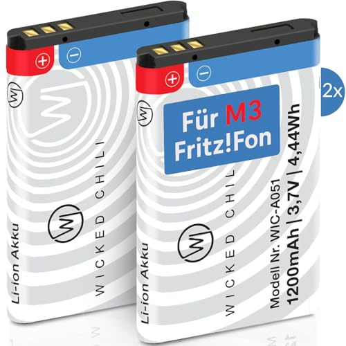 Wicked Chili 2X Akku für AVM Fritz!Fon M3, Ersatzakku mit +20% Kapazität, Ersatzakku für Fritzfon VOIP Telefon, Zubehör für original Fritz Fon Batterie BT239865 Mod. 523450AR1000 (1200mAh Li-Ion)