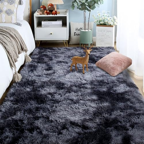 Fluffig Sovrumsmatta 210 x 290 cm Bekväm Sovrum Sängmatta Tvättbar för Vardagsrum Heminredning, Mörkgrå