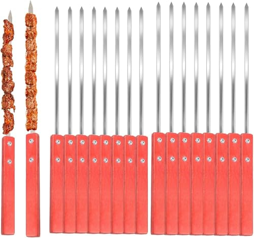 16 stycken platta Adana-spett rostfritt stål, kebabspett rostfritt stål grillspett med trähandtag och skyddskåpor, återanvändbara grillspett, grilltillbehör för kött, grönsaker köttspett
