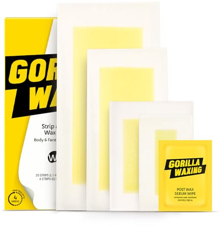 Gorilla Waxing Korean Strip & Go Wax Strips Kit, 50 Multi-Size Sugaring Wax Strips + Calming Serum Wipes, Ready-to-Use Hair Removal for Face & Body, Suitable for Sensitive Skin, Korean Skin Care, MEGA
