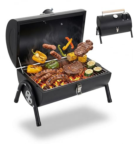 Relaxdays camping grill, 2 charcoal trays, thermometer, chimney vent, black | HxWxD: 35 x 41 x 29 cm, portable tabletop
