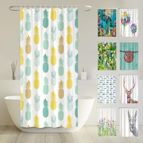 arteneur® - Ananas - Anti-Schimmel Duschvorhang 120x200 - Recycelt mit Öko-Tex Standard 100 - Beschwerter Saum, Blickdicht, Wasserdicht, Waschbar, 8 Haken & E-Book