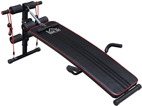 HOMCOM Panca per Addominali a Casa Regolabile, Panca Addominali Inclinazione con Vogatore a molla e 2 Corde Elastiche, 55.5 x 137.5 cm Nero