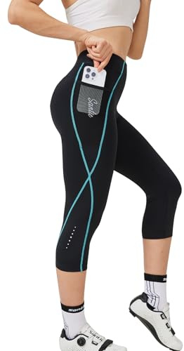 Santic Pantalon de Cyclisme pour Femme 3/4 rembourré à Taille Haute Capris de Cyclisme pour Femme avec Poches UPF50+