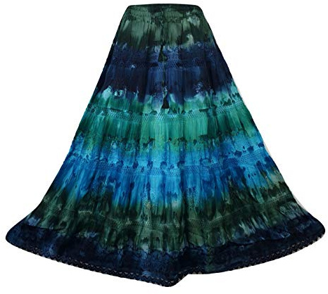 Doorwaytofashion Tie Dye Cotton Maxi Skirt Embroidered One Size UK 10 12 14 16 18 (Blue/Green)