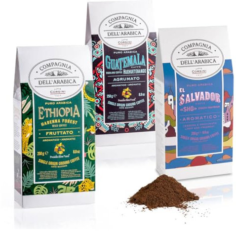 Caffè Corsini, marchio Compagnia dell'Arabica, Tris Guatemala, Ethiopia, El Salvador, 100% Arabica Caffè Torrefatto e Macinato Tris Monorigine - Pacco da 3 x 250 g