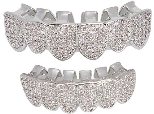 Zahnspange, Zähne, Hip Hop Teeth Grill Set Microset Diamond Braces, Hip Hop Zähne Dekoration Kaltbeschichtetes Kupfer Zähne Set Bling Zähne Dekoration (Silber)