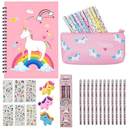 Einhorn Stifte Set(33 stück), Einhorn Notizbuch Mit Stift Set, Einhorn Schreibwaren Geschenk Set für Mädchen, Einhorn Stifte für Mädchen und Mäppchen für Mädchen Geschenk Geburtstag