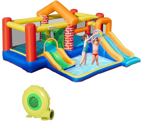 Outsunny Castillo Hinchable con 2 Toboganes 2 Camas de Salto y Piscina para Niños +3 Años Incluye Inflador y Bolsa de Transporte para Interior Exterior 380x370x230 cm Multicolor