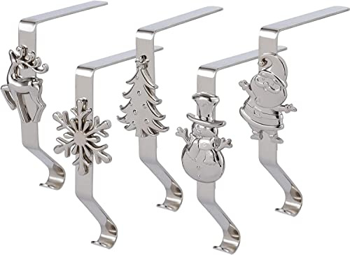 KAHEIGN 5 Piezas Titulares de Calcetín de Navidad, 5 Estilos Copo de Nieve Reno Muñeco de Nieve Gnomo Árbol Perchas de Metal para Chimenea Ganchos para Calcetines Antideslizante por Navidad Decoración