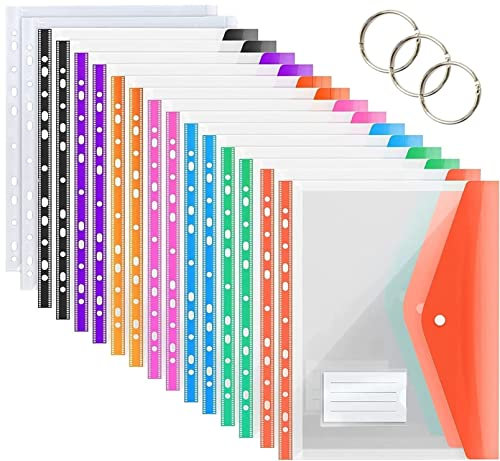 KAHEIGN 16Pcs Expandable Punched Pockets, 8 Colors A4 Plastic Wallets Document Files Popper Folders A4 Ring Binder with Snap Fastener, Label Pocket and Ring - for Home Office School