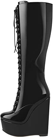 Only maker Damen Mode-Stiefel Plattform Wedge Boots Reißverschluss Kniehoch 16 cm High Heels Stiefel Metallic Lackoptik Schwarz 43 EU