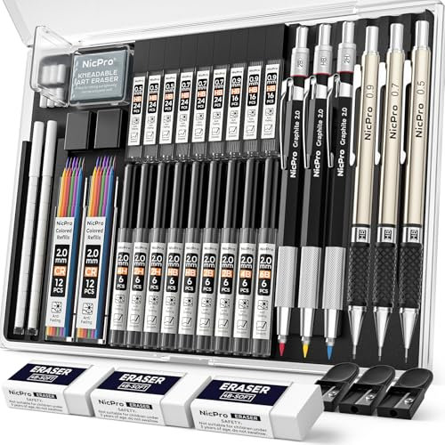 Nicpro 35 Stück Kunst Druckbleistift Set, Metall Bleistifte 0,5 & 0,7 & 0,9 mm und 3 Stück 2 mm Fallminenstift mit 20 Dosen Ersatzminen(Farben 6B, 4B, 2B HB, 2H, 4H) zum Skizzieren und Zeichnen