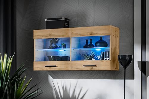 Komodee, Vitrine Schrank Savona, Wotan/Wotan, Breite 100cm x Höhe 50cm x Tiefe 30cm, ohne LED, 2 Glasböden, 2 Türen, für Wohnzimmer, Küche