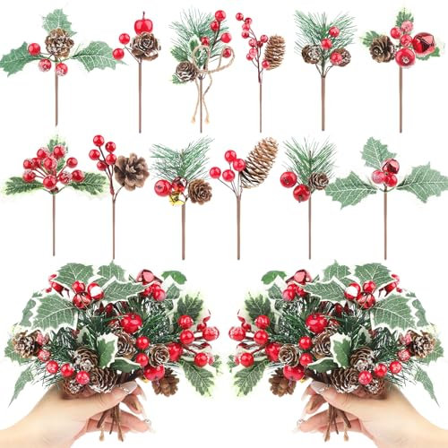 Songjum 36 Pezzi Rami di Pino Artificiale di Natale con Pigne Mele Campane Fiori di Natale per Albero di Natale Disposizione Ghirlande Decorazioni Vacanze Invernali