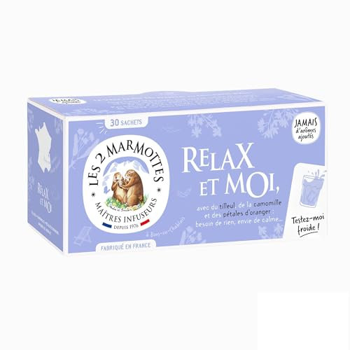 Les 2 Marmottes - Infusion Relax & Moi - 30 sachets - Tilleul Camomille Fleur d'oranger - Bien-Être, Détente et Relaxation - Made In France - Sans arômes ajoutés - 46g