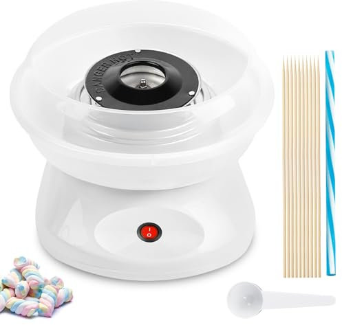 Maquina de Algodon de Azucar, 450w Retro Cotton Candy Machine con Cuchara Medidora y 10 Palos de Madera Maquina Algodon Azucar Ideal para Fiestas Infantiles Cumpleaños y Uso Doméstico Color Blanco