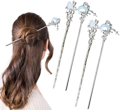 Yotlein 4 Stück HaarnadelStern, Mond Haarstäbchen, Leichte und Langlebige Haarschmuck Accessoires, Chinesische Vintage Haarnadeln, Silberfarbene Haarnadel, für Dutt Langhaar Asiatisch Vintage Haar