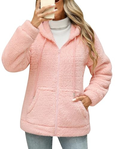 Yuson Girl Sweatshirt med dragkedja fleece med huva teddyjacka sweatshirts vintertröja höst varm termisk huvtröja lättviktig tröja ytterkläder långärmad med huva och fickor, Rosenröd, L