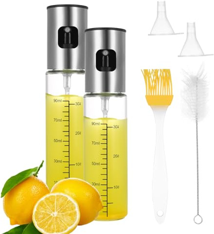 2 Ölsprüher für Speiseöl Ölsprüher für Speiseöl Sprühflasche Glas, Ölspray zum Kochen, Oil Sprayer, Öl Sprüher, Öl Zerstäuber, Ölspray für Heißluftfritteuse, mit 2 x Trichter,1 x Ölpinsel,1 x Bürste