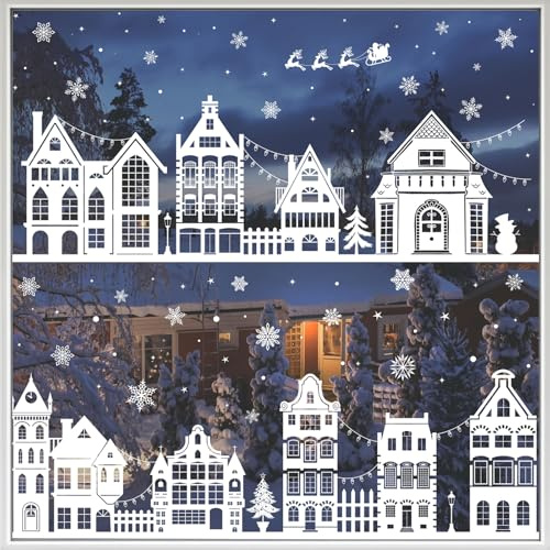 10 Sheets Christmas Window Stickers – House and Snow, Reusable Double-Sided Window Clings for Xmas Decorations, Windows, Mirrors & Holiday Parties