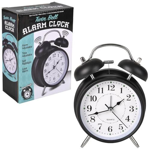 HOWBOUTDIS Twin Bell Alarm Clock, 4 Inch Retro Design, Black with White Dial, Loud Alarm, Nightlight