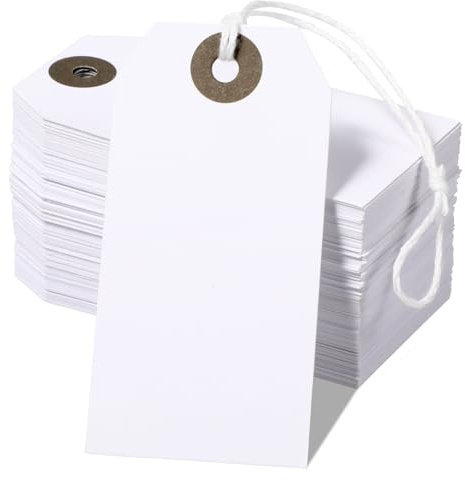 LIQWEI 100 Étiquettes de Prix pour Marché aux Puces, Étiquettes Suspendues avec Corde, Étiquettes Cadeaux Blanches pour Vêtements, Cadeaux, Bijoux, Présentation