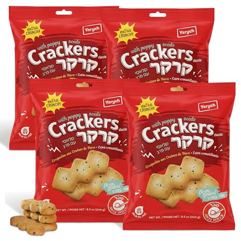 Yarych Classic Poppy Seed Crackers, Golden Crispy Snack Crackers, 8.5 oz Bags, Lightly Seasoned Crackers with Mild Nutty Flavor for Cheese, Soups & Everyday Snacking (4 Pack)