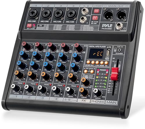 Pyle Professional Bluetooth DJ Audio Mixer - 6-Channel DJ Controller Sound Mixer w/DSP 16 Preset Effects, USB Interface, 4 XLR Mic/Line Input, AUX, FX Processor MP3 Player, Headphone Jack - PMX466