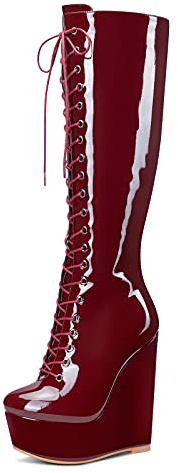 NobleOnly Zapatos de Tacón Mujer Altura de Pantorrilla Plataforma Cuña Botas 16CM Wedge High Heels Rojo Borgoña Zapatos EU 35