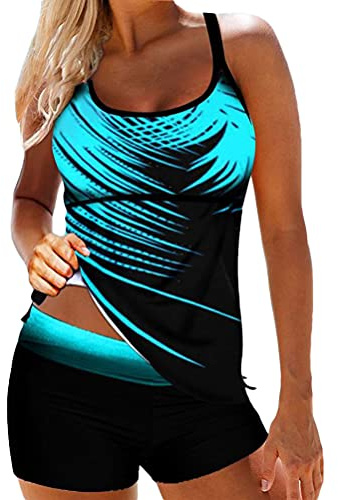Minetom Maillot de Bain 2 Pièces Femme Tankini Ensembles Maillots Bikini Set sans Manches Débardeur et Short A Bleu M