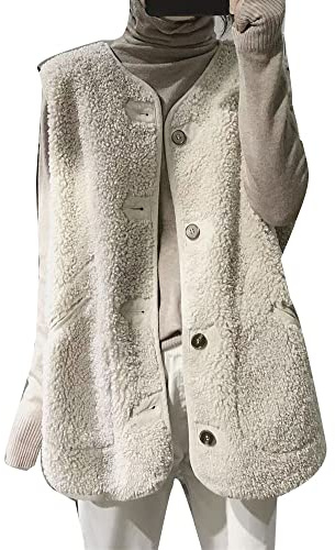 Dam lättviktig chic ärmlös jacka i fuskpäls trendig lammullsväst halvlängd vinter varm fleeceväst Sherpa Outwear Waistcoat med ficka, Beige färg, L