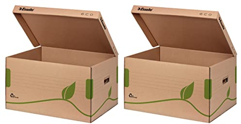 Esselte Ablage- und Transportbox, Obere Öffnung und integrierter Deckel, 100% recycelte Wellpappe, Naturbraun, Eco Archiv Serie (2 Stück)