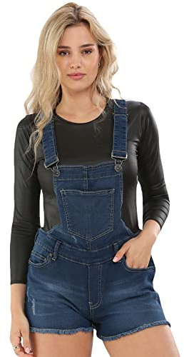 True Face Ladies Dungaree Denim Stretchable Women Sleeveless Jeans Short Dress Braces Hot Pants Dark Wash 14