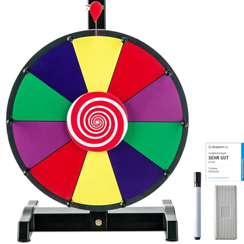 COSTWAY Ruleta de La Suerte, Ruleta de Juego con Soporte Que Puede Escribir y Limpiar con Pluma Borrable para Fiesta Juguete, Rueda de la Fortuna (12 Pulgadas)