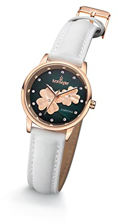 Kronsegler Fortuna Damenuhr roségold - grün | Zirkonia, weiches veganes Apfelfaserband, dunkelgrünes Zifferblatt