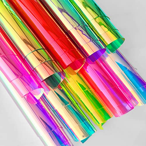 XHT 10 Pcs Holographic Transparent Film PVC Fabric, Iridescent Clear Jelly Vinyl for Hair Bows Keychains Making