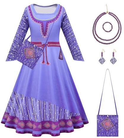 Monissy Enfants Déguisements Wish Asha Robe pour Filles Princesse Fête d'Anniversaire Halloween Noël Cosplay Cérémonie Communion Costume Robe avec un sac et un collier,Violet,140
