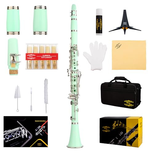 Glory GLY-CLAGN Professional Ebonite Bb Clarinet with 10 Reeds, Stand, Hard Case, Cleaning Cloth, Mouthpiece Brush and Pad Brush,Green