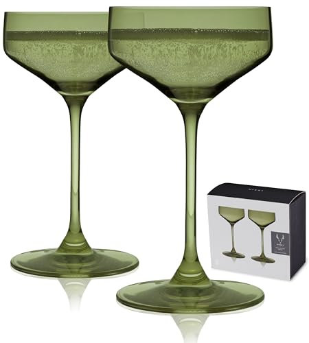 Viski Reserve Nouveau Sage Green Coupe Cocktail Glasses - Crystal Colored Coupe Glasses Colorful Martini Glasses - 6.5oz Long Stem Glassware Set Set of 2