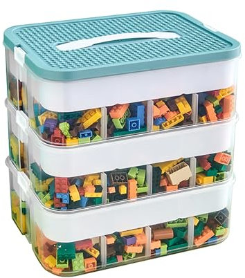 Mustbeau 3 Strati Scatole Impilabili con Coperchio per Bambini Contenitori Portaoggetti per Costruzioni mattoncini Contenitore Scatola Giochi con Scomparti Organizer Puzzle per Riporre i Giocattoli