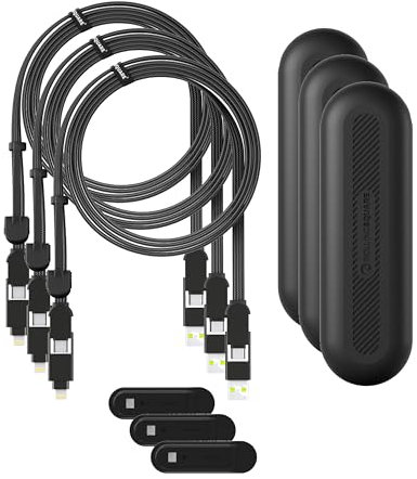 Rolling Square inCharge XL 200 cm - USB-C-Kabel, Universal-Smartphone-Kabel, Geschenk für Männer, 6-in-1-Universalladegerät für Smartphones, Schwarz, Lightning-Kabel 100 W, Multipack 3x