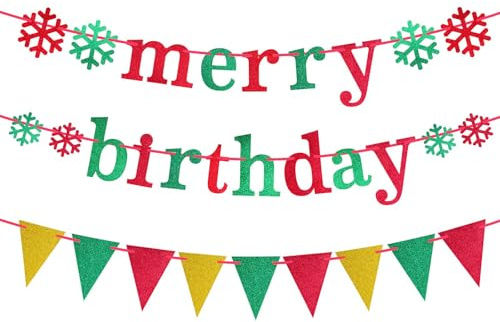 TELAIN Merry Birthday Banner Natale | Striscione di compleanno rosso verde glitter per decorazioni di festa | Decorazione natalizia per casa e festività