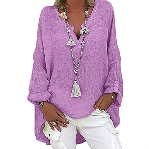 MJGkhiy Camicia Donna Cotone Manica Lunga Bluse e Camicie Bianca Oversize Camicetta Lunga Lino Elegante Maglia Scollo A V Leggera Taglie Forti Top Curvy Tinta Unita Camicette Primavera Estiva 2025