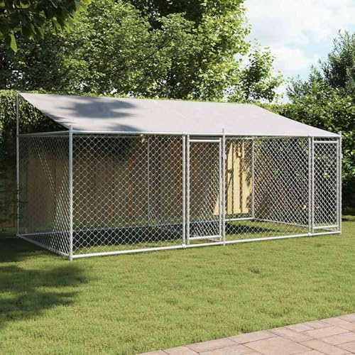 Hundezwinger mit Dach und Türen Grau 4x2x2 m, UV- & Wasserdicht Hundehütte Outdoor Hundehaus für große Hunde Garten, Verzinkter Stahl