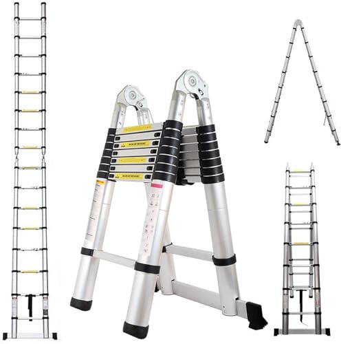 5M (2,5 + 2,5 m) Teleskopleiter Klappleiter Aluminium, Ausziehbare Leiter, Rutschfester Aluleiter Stehleiter Mehrzweckleiter Aluminiumleiter, Teleskop Ausziehleiter 150kg Belastbarkeit